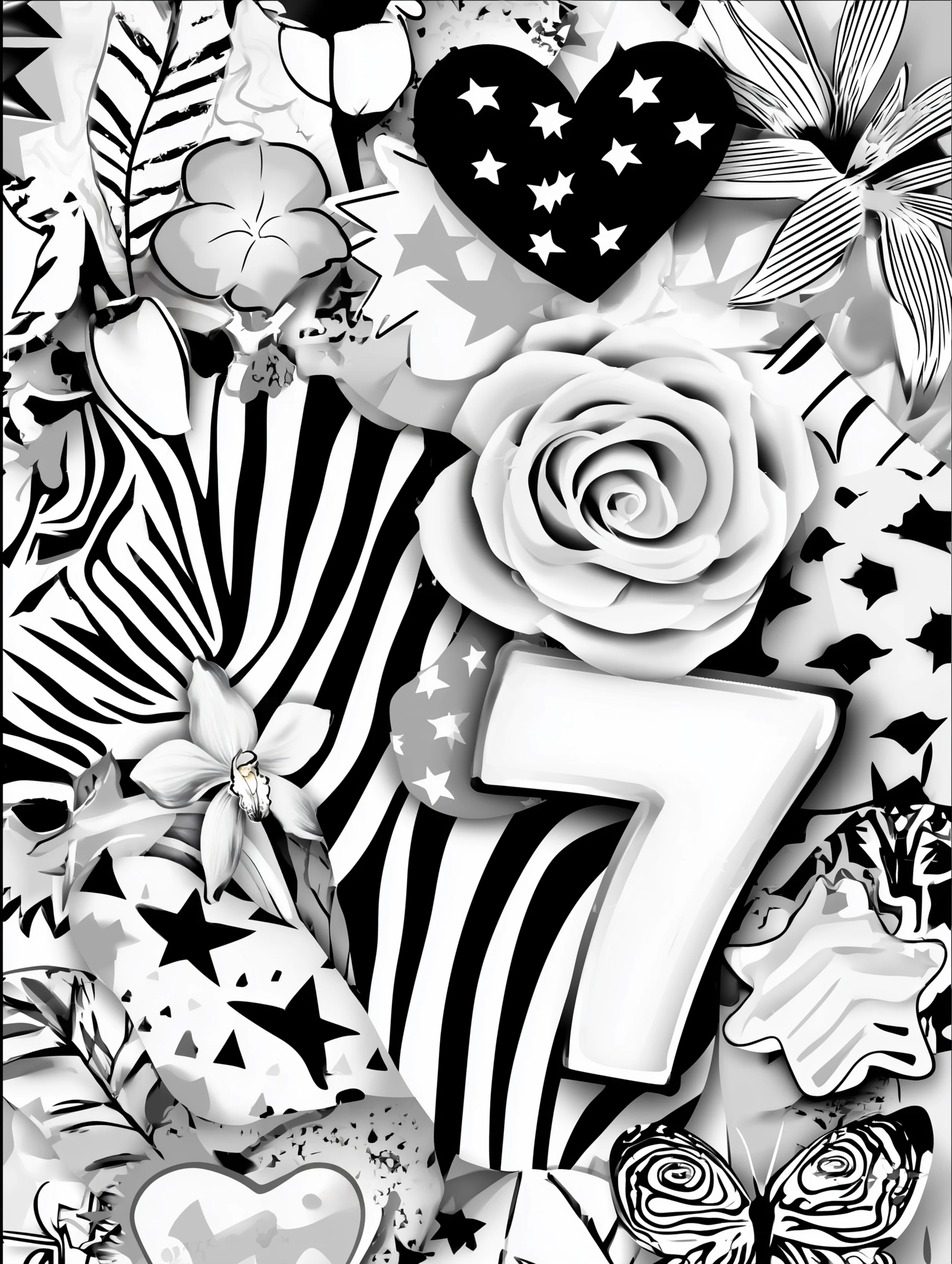 Free printable coloring page for numbers featuring a decorative mashup number seven